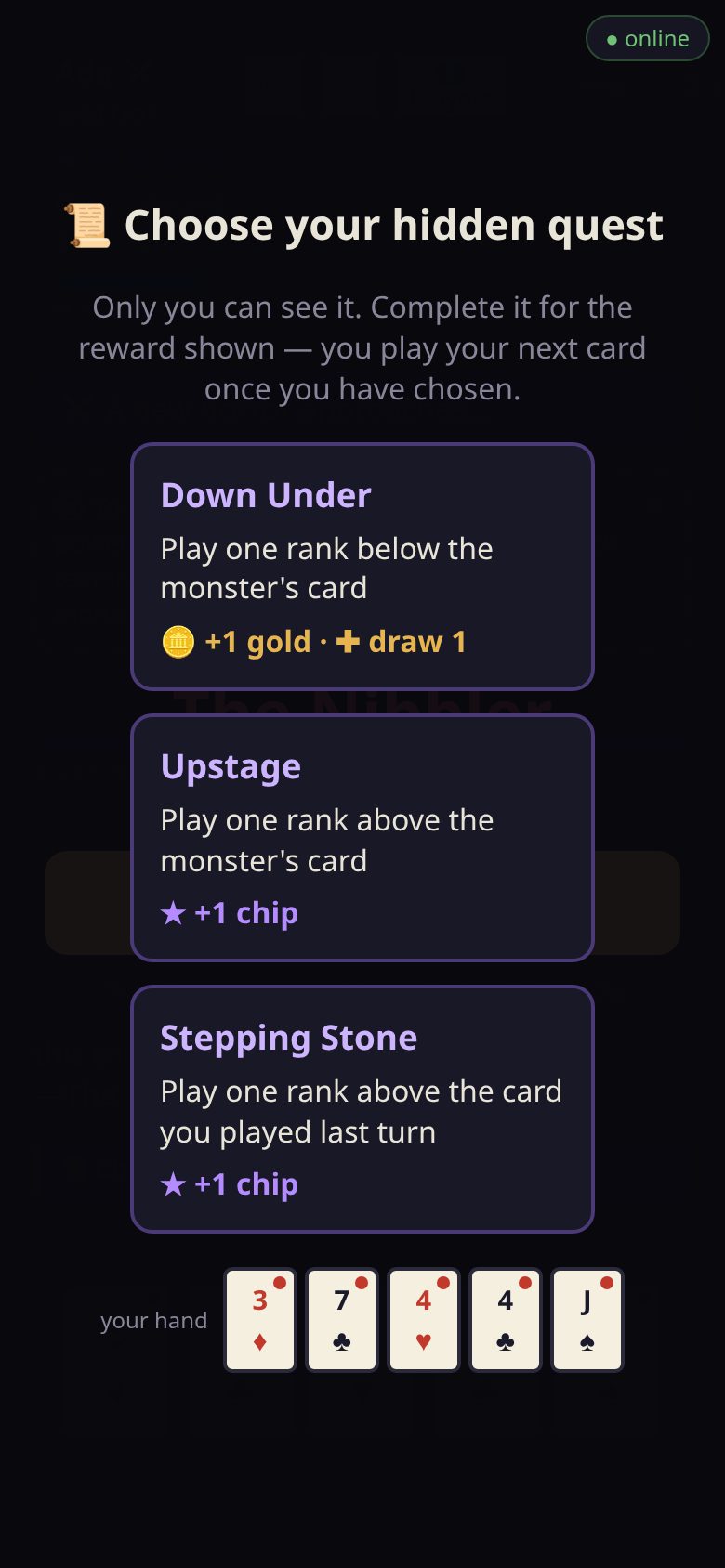 A hero's phone during a trick: their private hand along the bottom with the playable cards marked, above the action bar.