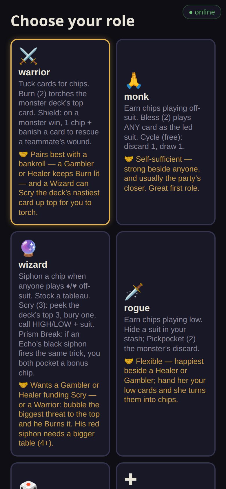 The hero picker on a phone: a card per hero with its power and a note on who it pairs well with.